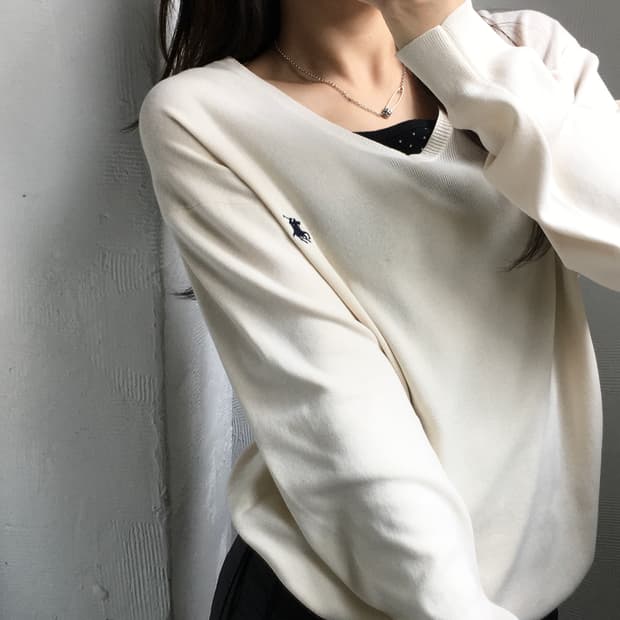 Polo 폴로 랄프로렌 피마코튼 아이보리 브이넥 니트 