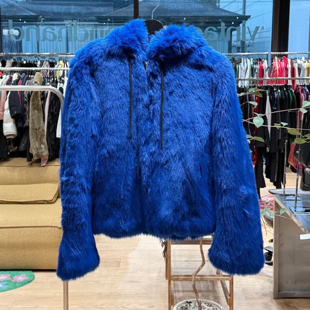 msgm 블루 페이크 퍼 후드 자켓