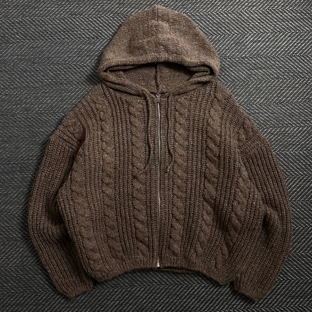 빈티지 후드 케이블 스웨터 브라운 자켓 o 4163