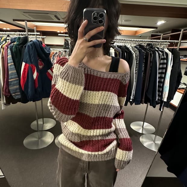 OS)SpRay 빈티지 스트라이프 크로셰 니트 스웨터