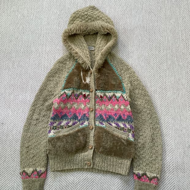  빈티지 핸드메이드 에스닉 퍼트리밍 니트 가디건 