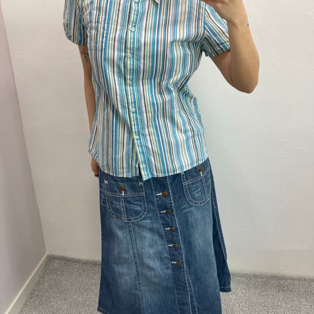 하늘 스트라이프 빈티지 반팔셔츠