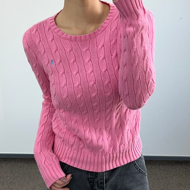 Polo 폴로 스카이블루 포니 핑크 케이블니트