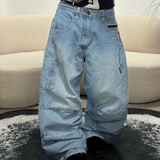 90s 올드스쿨 빈티지 핀턱 더블니 데님카고와이드팬츠