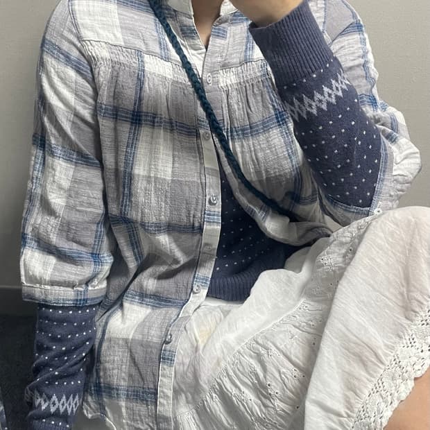 체크 도트 블루 상의세트 #모리걸 #파랑코디 #코디세트