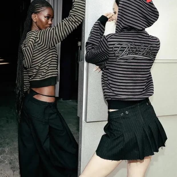 [새상품]배드블러드 스트라이프 크로쉐 니트 후드집업