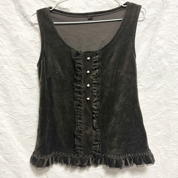 빈티지 니혼진 로걀 벨벳 프릴 슬리브리스 탑