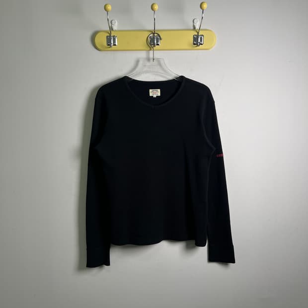 jpn vtg 빈티지 블랙 와플 브이넥 롱슬리브 S