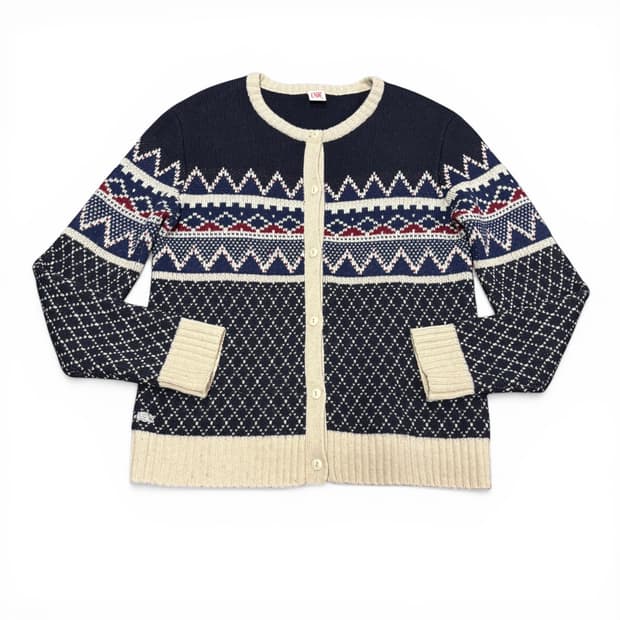 우먼M 라코스테 네이비 자카드 노르딕 U넥 라운드 가디건