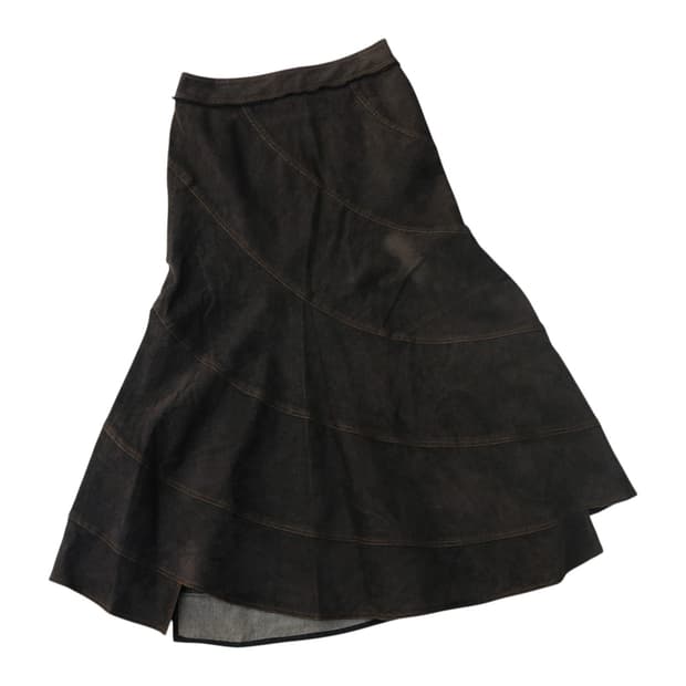 PRECIAR 빈티지 다크 브라운 티어드 패널 데님 롱 스커트 (38)