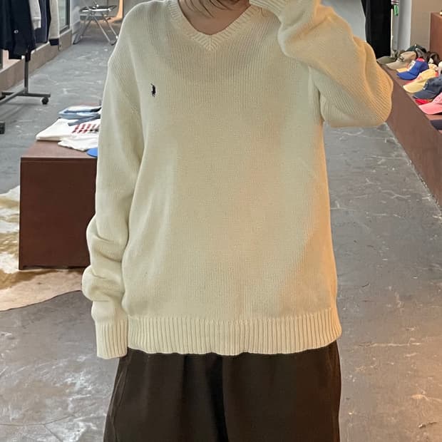 폴로 랄프로렌 브이넥 아이보리 니트 H2560