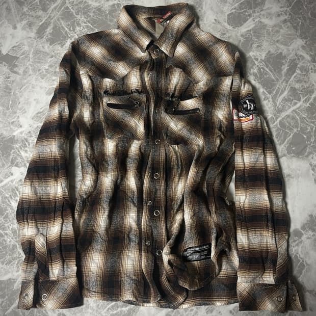 (B one soul)y2k patchwork check shirts