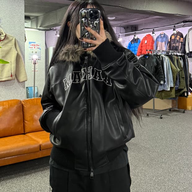 아캄 로고 퍼 후드 레더 자켓 B4354