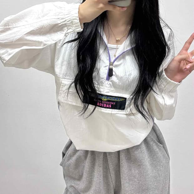 아디다스 일본판 데상트 90s 화이트 아노락 윈드브레이커 후드티 웜업