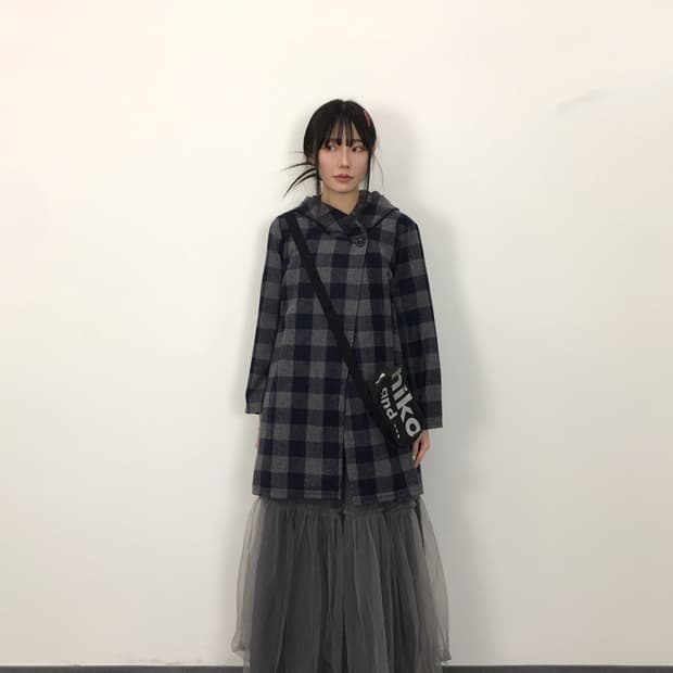 Jpn Plaid A-Line Button Coat