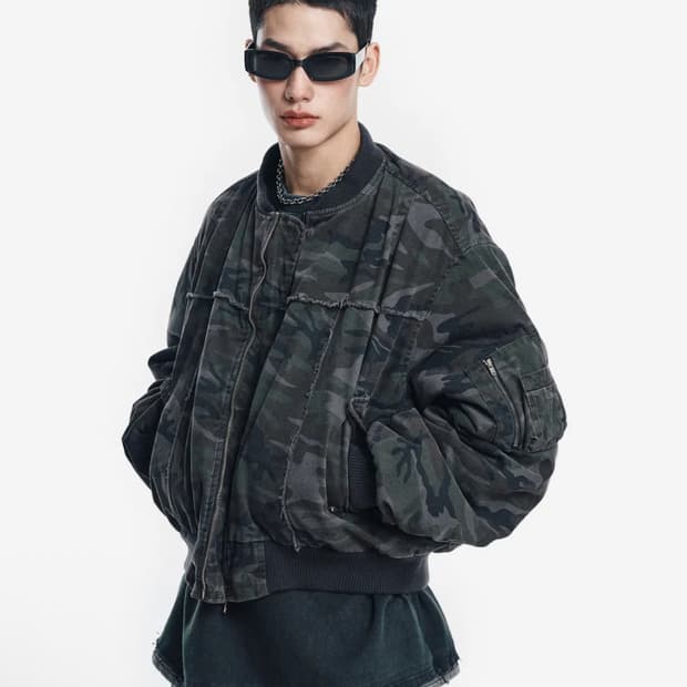 이지노이지 워시드 카모 크롭 봄버 자켓 - 다크그레이 2