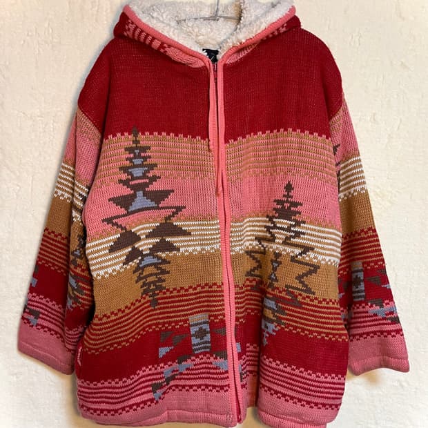 빈티지 에스닉 양털 후드 집업 니트 자켓
