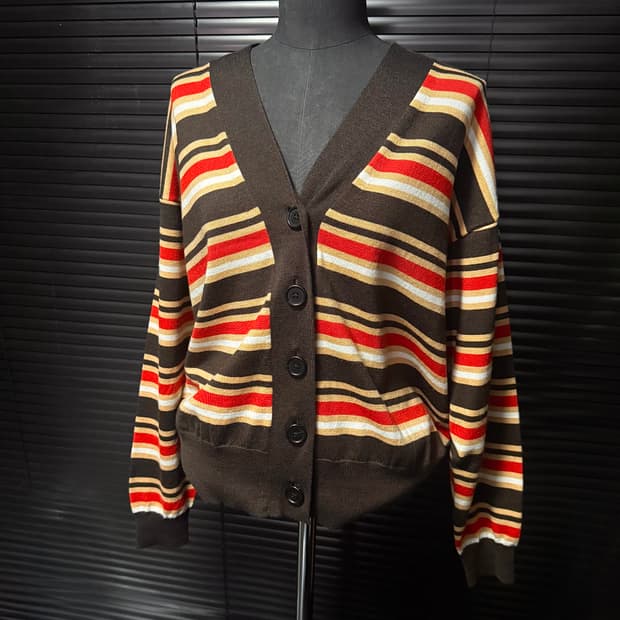 유니클로 마르니 스트라이프 울 가디건 브이넥 크롭 브라운 레드 베이지 S