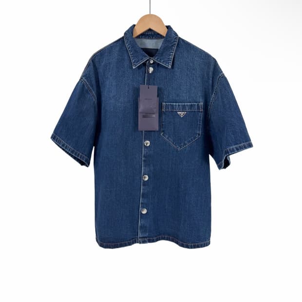 [XL] 프라다 남성 삼각로고 청 데님 반팔 셔츠 자켓 블루 GEC067