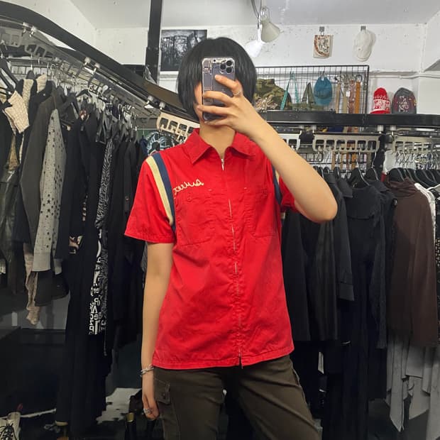 Avirex 자수디테일 니트배색 반팔 셔츠