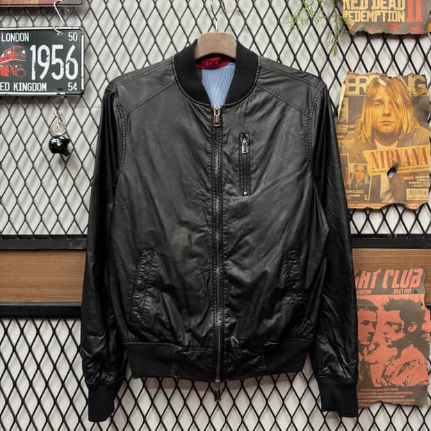 ITA VINTAGE 레더 블루종 전면 집업 포켓 포인트 블랙