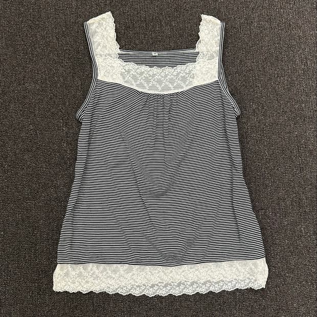 M)Japanese vintage 스트라이프 레이스 슬리브리스