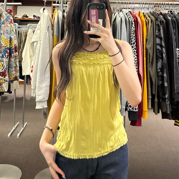 M)Comfort Basic 빈티지 여성 레이스 디테일 옐로우 나시