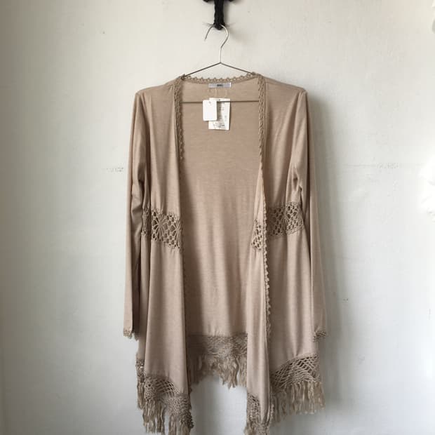 Crochet point fringe open cardigan