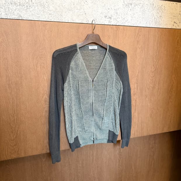 빈티지 브이넥 니트 집업 가디건 래글런 슬리브 배색 디테일 카키