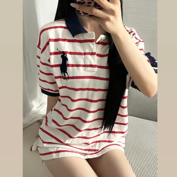 POLO RALPH LAUREN 프레피 스트라이프 피케 자수 로고 반팔