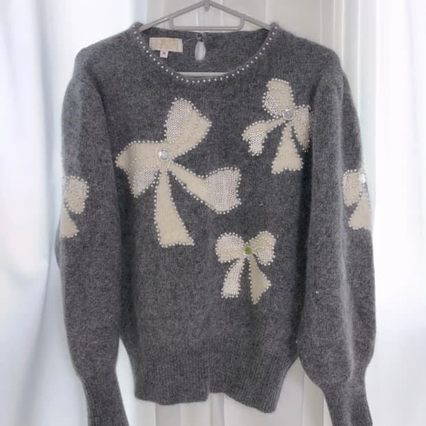리본 진주알 큐빅 그레이 니트 빈티지
