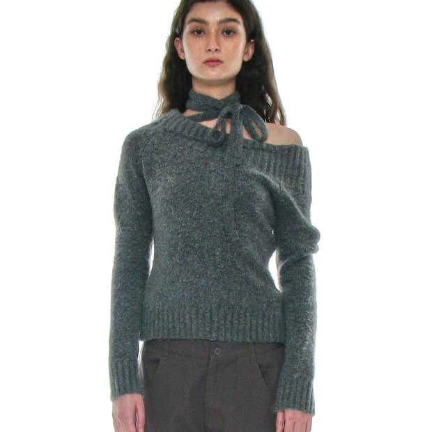 파르티멘토우먼 타이넥 스트랩 언발란스드 니트탑 차콜 리본그레이세릭원숄더프