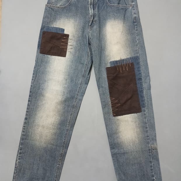 [33] 잠뱅이 스톤워싱 패치워크 와이드 배기진 청바지