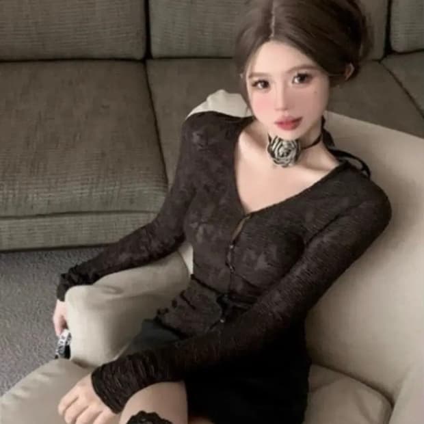 시스루 브이넥 슬림핏 가디건 (브라운)