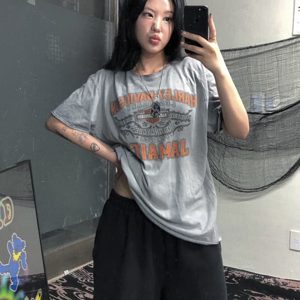 할리데이비슨 그레이 레터링 워싱 반팔 탑