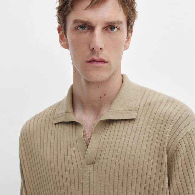 마시모두띠 / 리브트 니튼 코튼 & 리넨 블렌드 폴로 셔츠 올리브/ XL