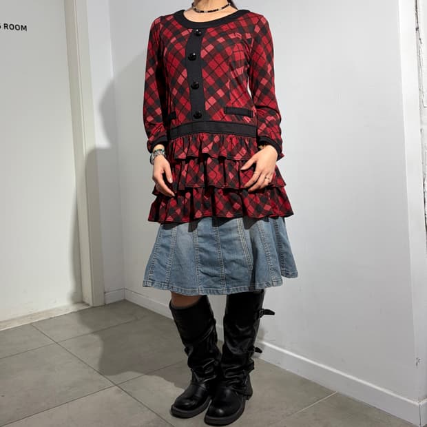고스 체크 프릴 원피스 레이어드 티셔츠