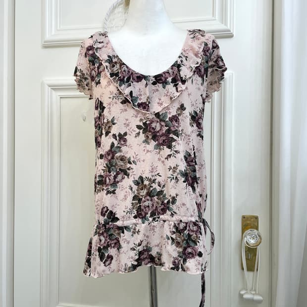 purple flower ruffle string top(size-M)