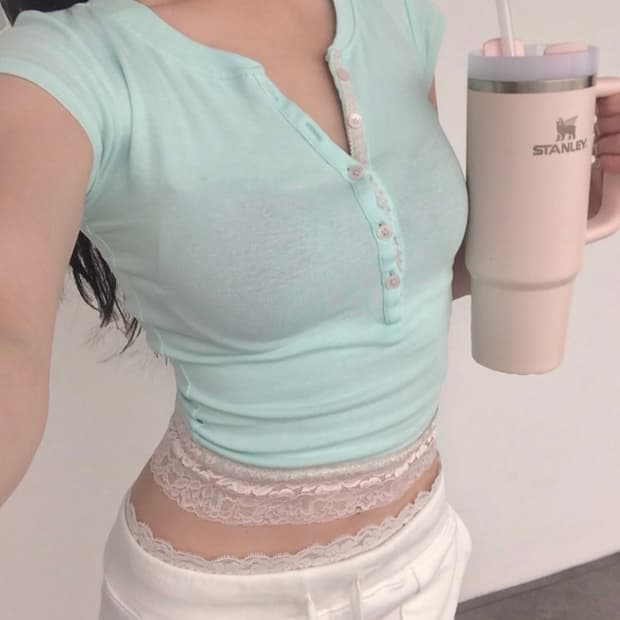 포어링 베이비 파우더 레이스 티 반팔 티셔츠 민트 s