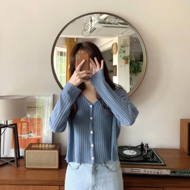 (미착용) 98도씨 오가닉 골지 린넨 가디건 팬톤블루 봄 여름옷 새상품