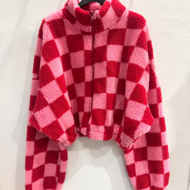 vintage 깅엄체크 뽀글이 크롭점퍼