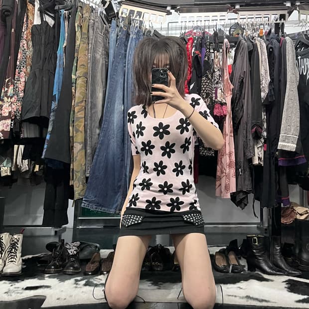 플라워패턴 슬림핏 반팔