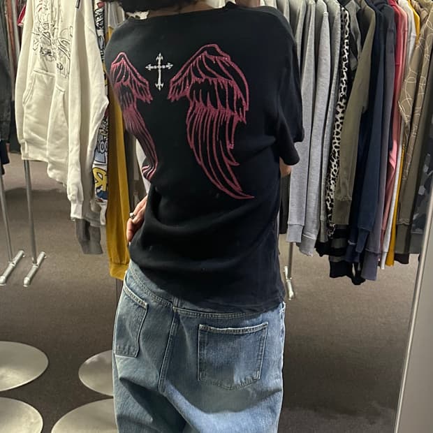 L)Japanese vintage 여성 핑크 레터링 골지 반팔