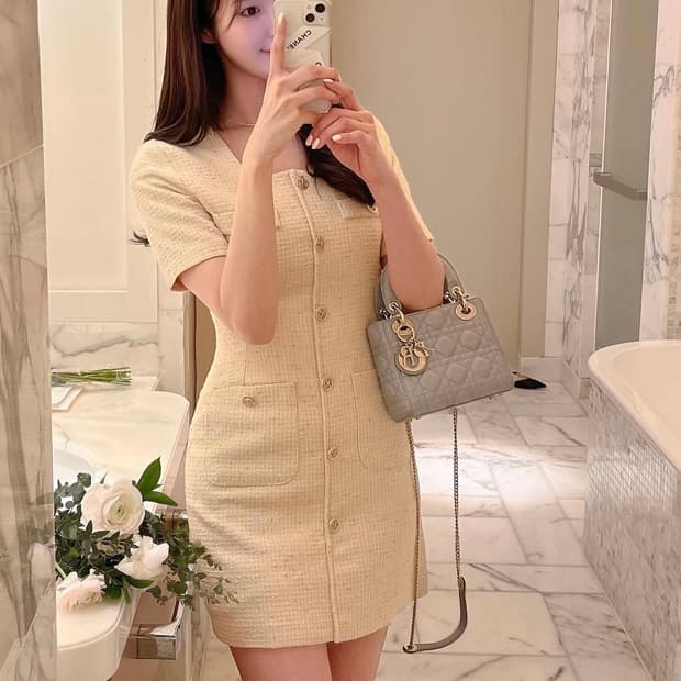 렌느 reine 샴페인 베이지 트위드 원피스 (M)