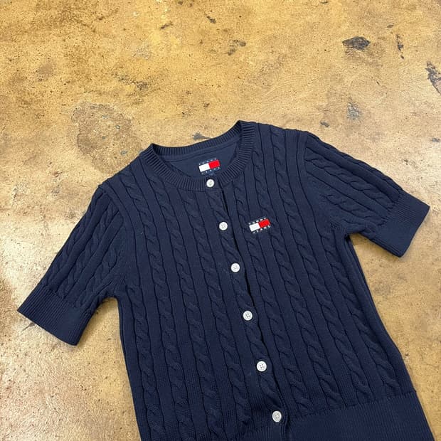 타미힐피거 네이비 꽈배기 반팔 니트 가디건 