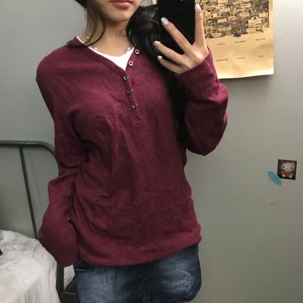 Amorte 모리걸 레이어드 버튼업 버건디 롱슬리브