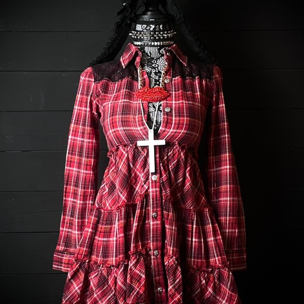 PINK LATTE 핑크 라떼 블랙 레이스 레드 체크 패턴 나나 원피스