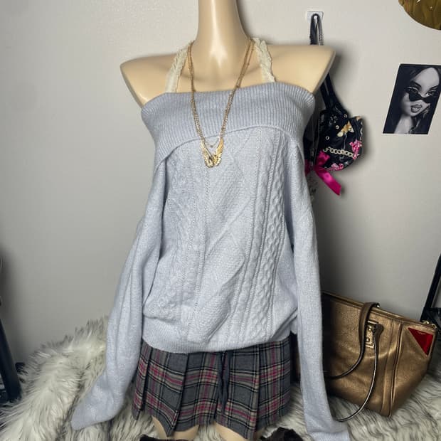 빈티지 하늘색 글리터 오프숄더 꽈배기 니트