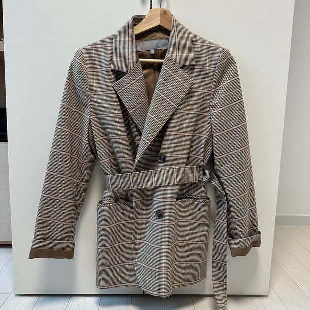 지컷 체크 벨트 자켓 66