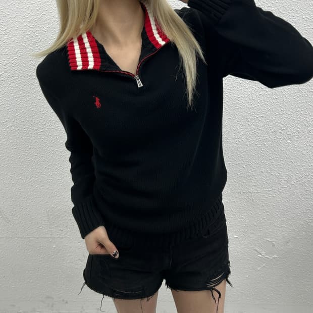 폴로 랄프로렌 레드포니 블랙 니트 반집업 L